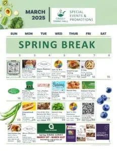 A monthly calendar detailing March Dining events and promotions.