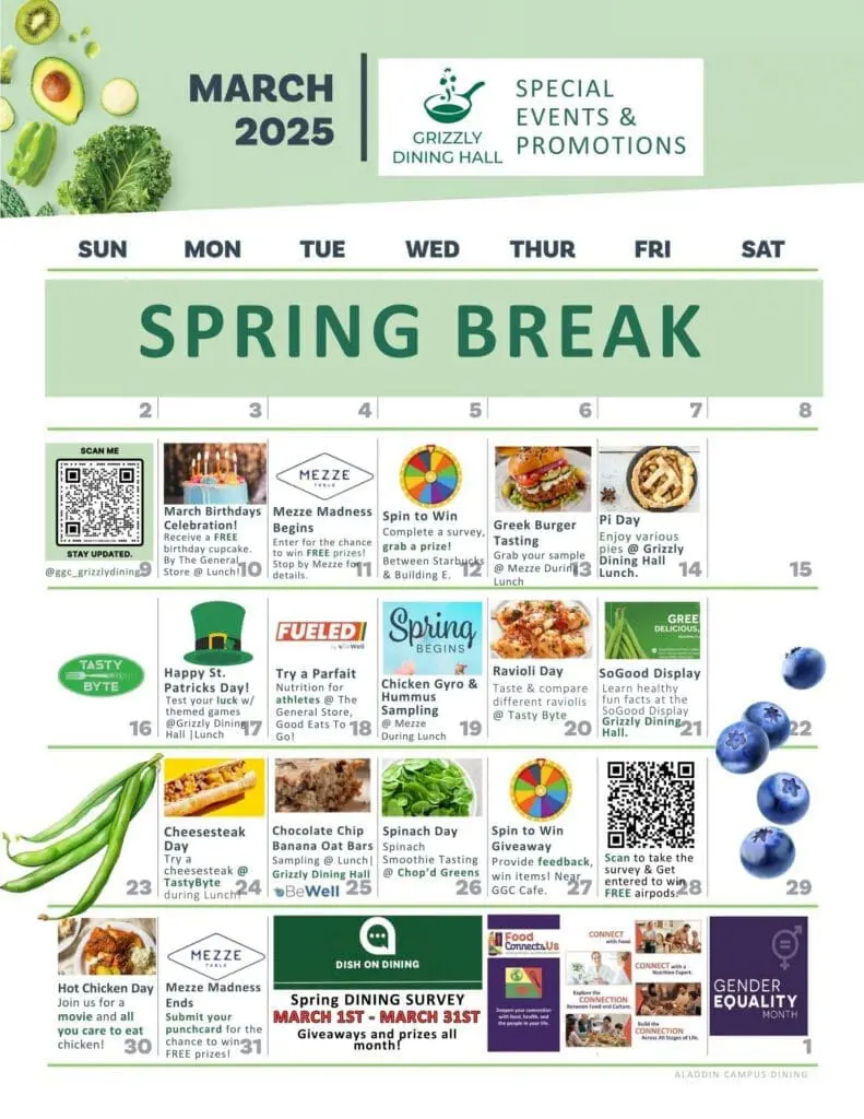 A monthly calendar detailing March Dining events and promotions.
