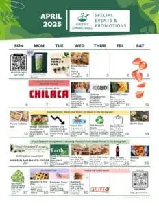 Calendar of April 2025 showing dining events and promotions at Grizzly Dining Hall, including food-themed days, sustainable initiatives, and special meals throughout the month.