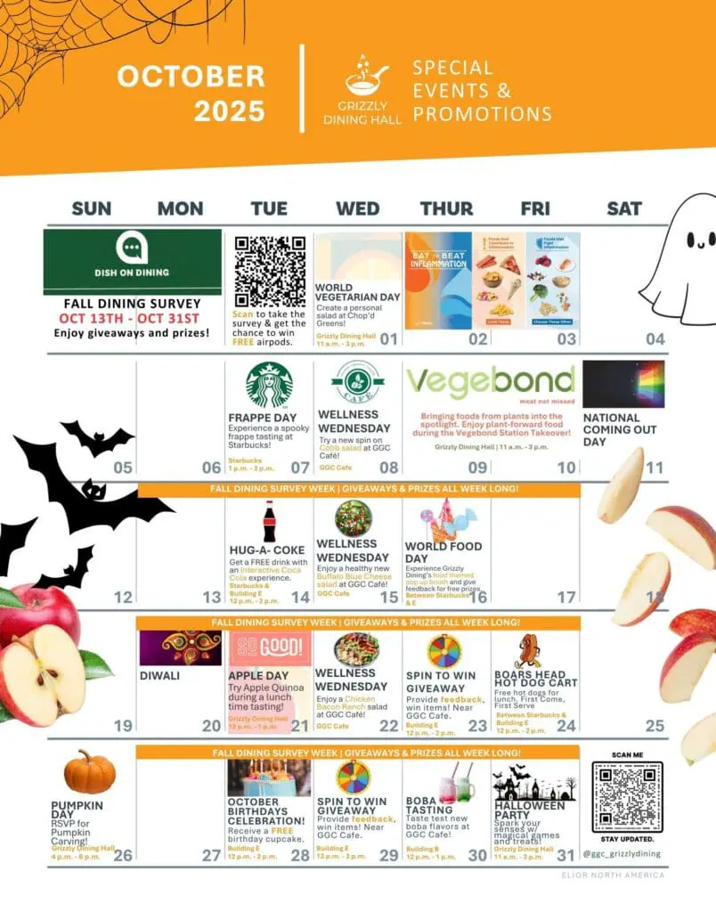 "Grizzly Dining October 2025 Calendar for Georgia Gwinnett College featuring a lineup of themed dining events,