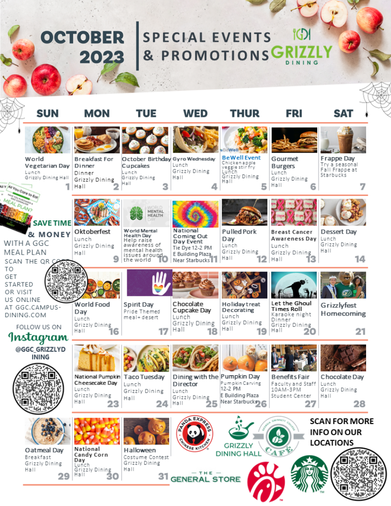 October 2023 Calendar College Aladdin Campus Dining