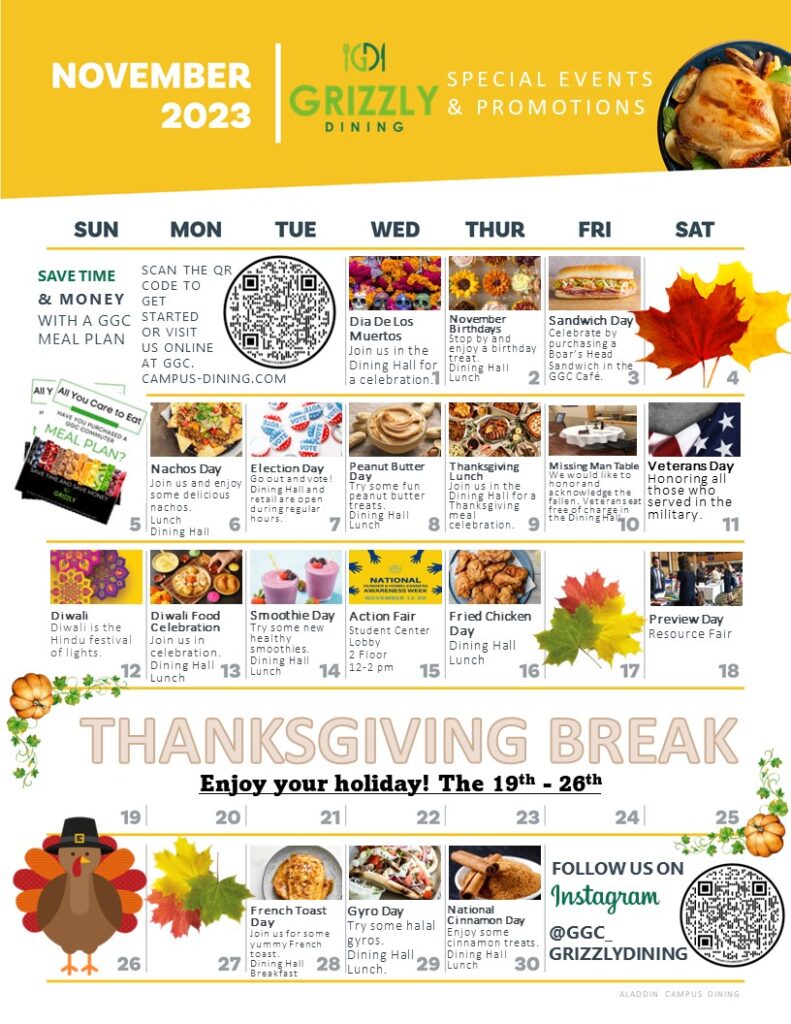 November 2023 Calendar College Aladdin Campus Dining