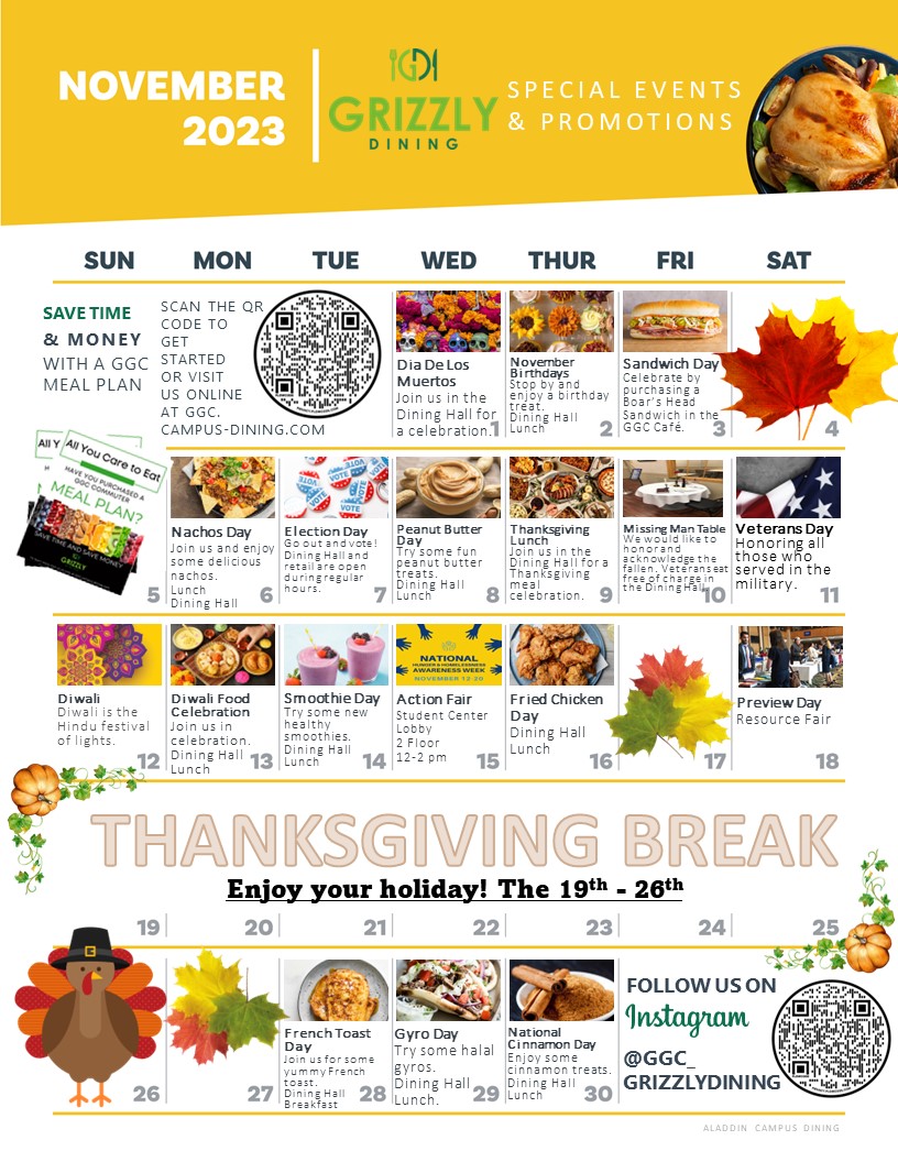 November 2023 Calendar - Georgia Gwinnett College | Aladdin Campus Dining