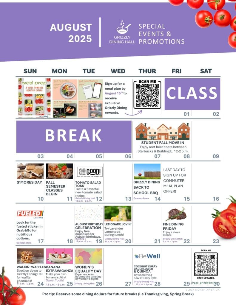 An August Calendar detailing Grizzly Dining events throughout the month.
