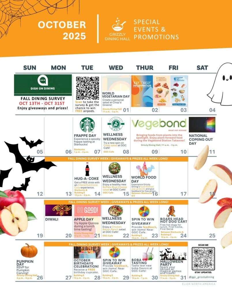 "Grizzly Dining October 2025 Calendar for Georgia Gwinnett College featuring a lineup of themed dining events,